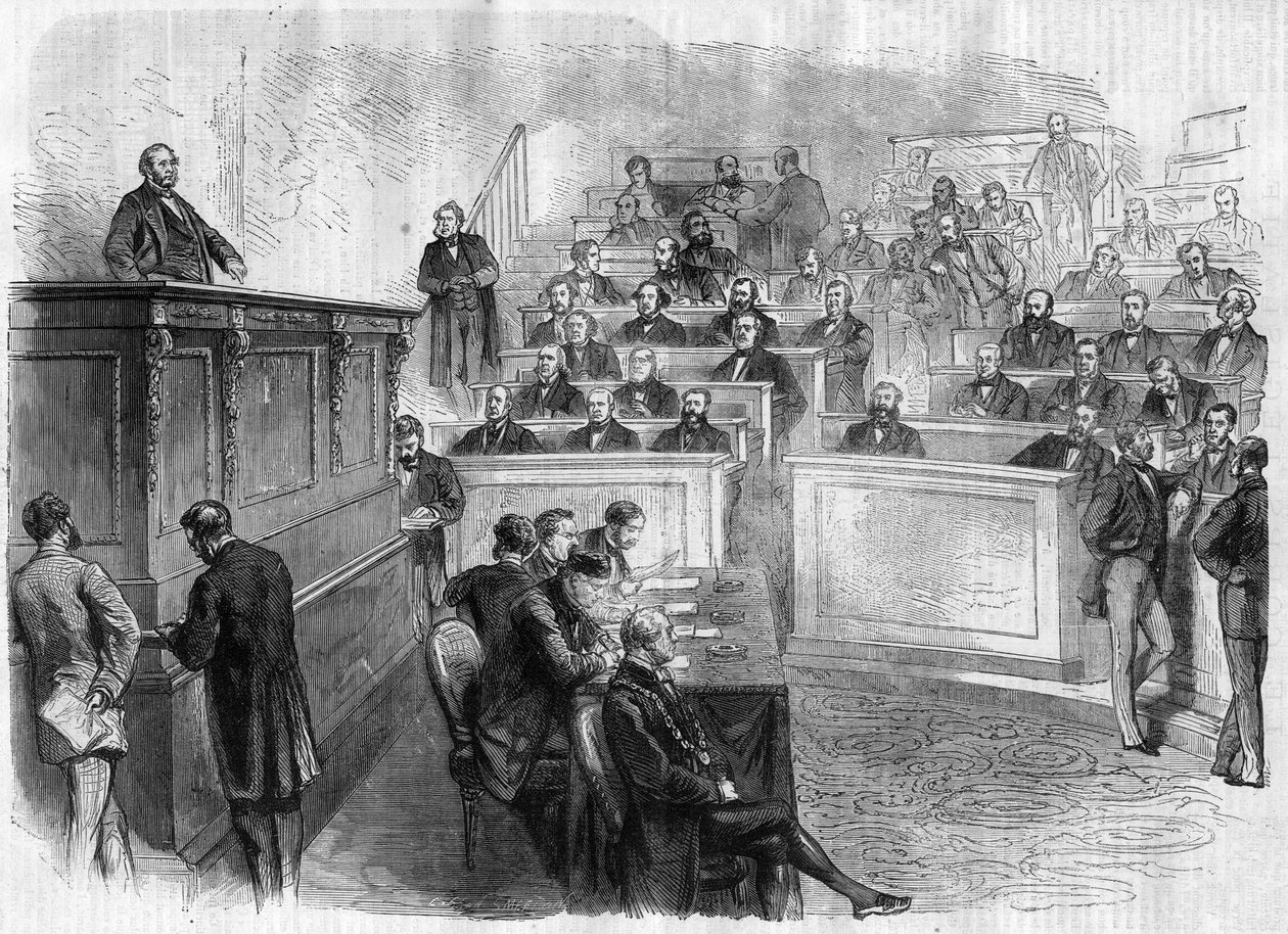 Tale af Eugene Rouher (1814-1884) ved tribune du corps legislatif - Indgravering i "" Le Journal Illustronne"" af Unknown artist