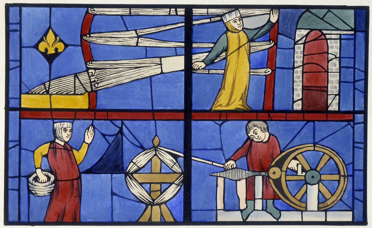 Spindeværksted. Ansigtslignelse af et farvet glasvindue fra Cathedrale d