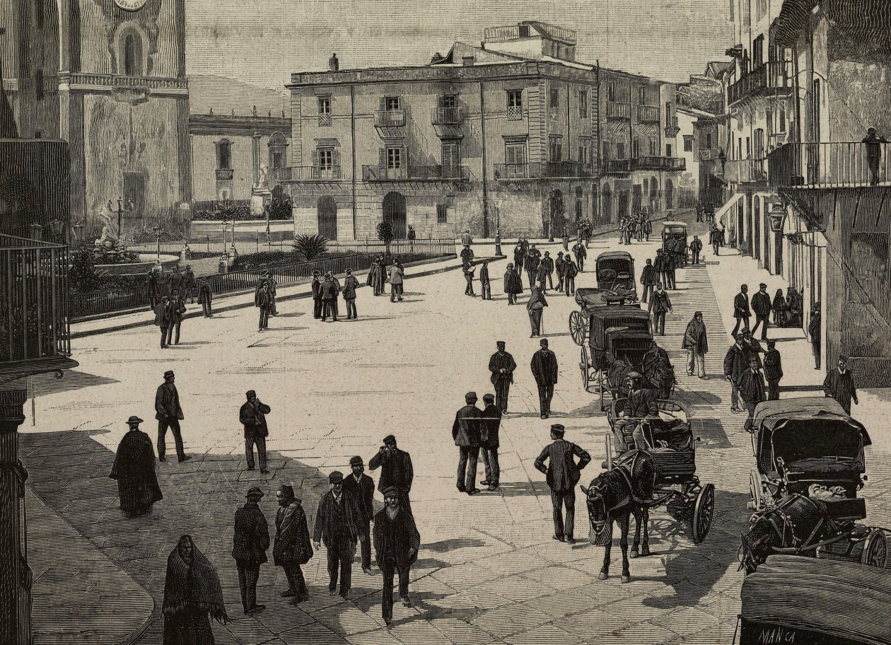 Pladsen og rådhuset i Monreale, Fasci Sicilianis oprør, Italien, gravering af et fotografi af E Interguglielmi fra L