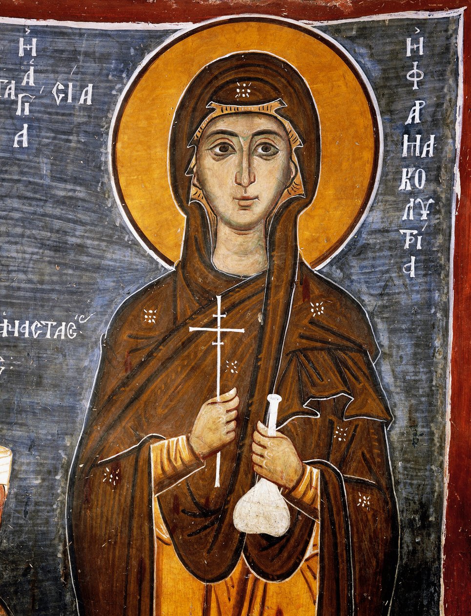 St Anastasia, healer af heste med flaske remedier og kors, Byzantinsk Vor Frue af Asinou kirke (1100-tallet) (Unescos verdensarvsliste, 2001), Troodosbjergene, Cypern, Detalje af Unknown artist