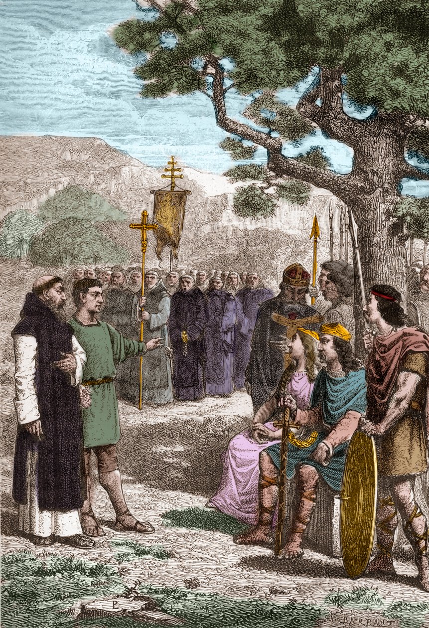 Skt. Augustin af Canterbury (d 604) prædikede foran Ethelbert (552? -616) angelsaksisk konge af Kent, som han døbte i 597 - Augustin udsendt af pave Gregor I for at omvende angelsaksere til kristendommen - Repræsentation af Saint Augustine af Canterbury (  af Unknown artist