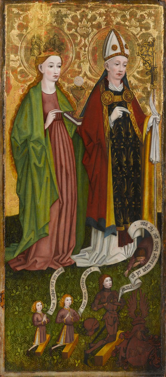 St. Barbara og St. Valentin med Caspar von Laubenberg og hans sønner, ca. 1450 (tempera og olie på panel) af Unknown artist