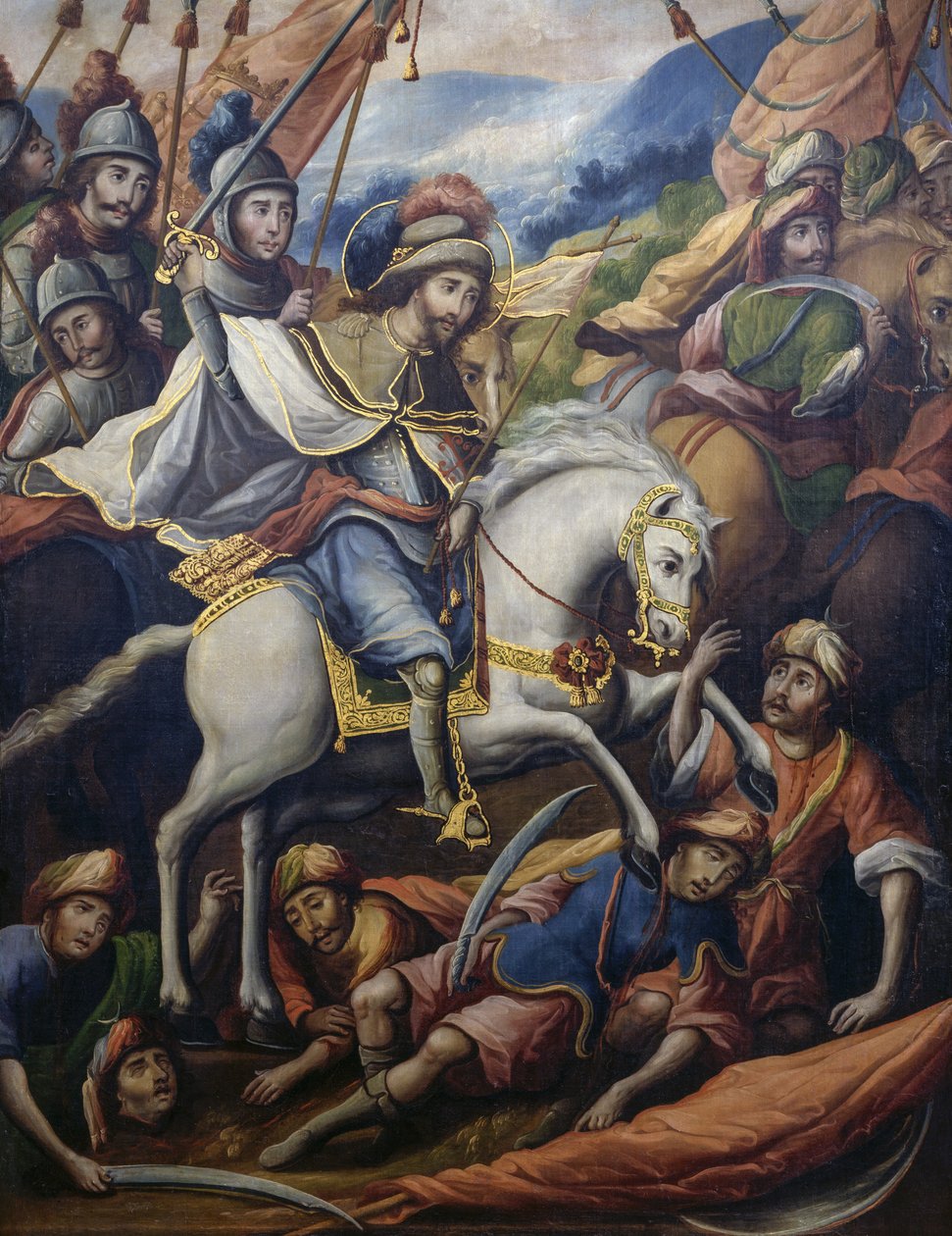 St James til hest, der dræber maurerne, detalje fra Paravento della conquista (erobringens skærm), olie på lærred af en ukendt kunstner fra det 17. århundrede, 213x550 cm, Mexico af Unknown artist
