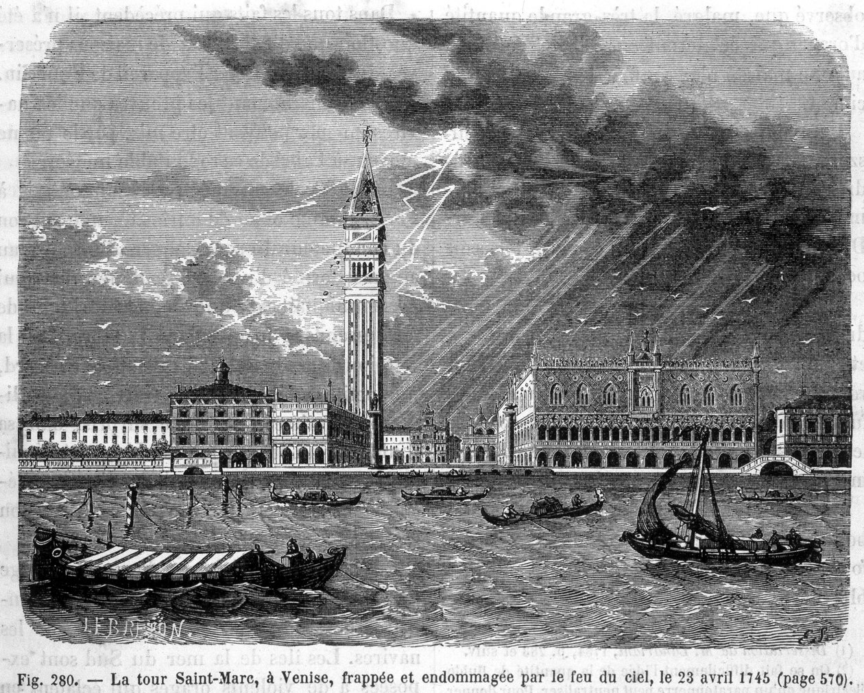 Markustårnet i Venedig ramt og beskadiget af himlens ild den 23. april 1745 - i "" Videnskabens vidundere"" af Louis Figuier af Unknown artist