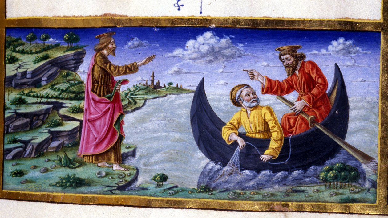 Sankt Peter: Fiskeri på Tiberias-søen. Miniature af det 15. århundrede. Milano, Biblioteca Trivulziana. af Unknown artist