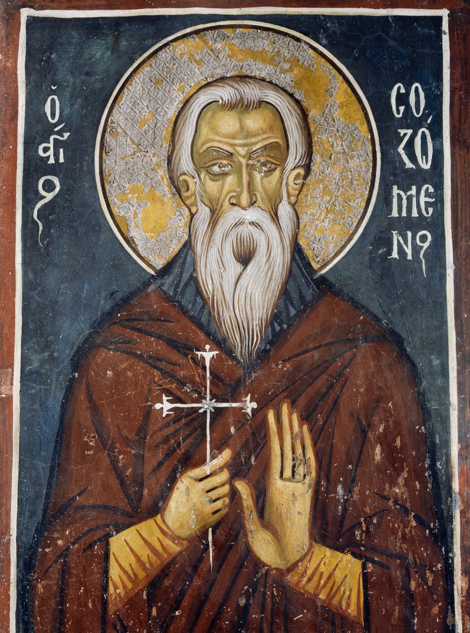 St. Sozomen, den første helgen for den cypriotiske kirke, fresko (1332-1333), Vor Frue af Asinous byzantinske kirke (1100-tallet) (Unescos verdensarvsliste, 2001), Troodosbjergene, Cypern af Unknown artist
