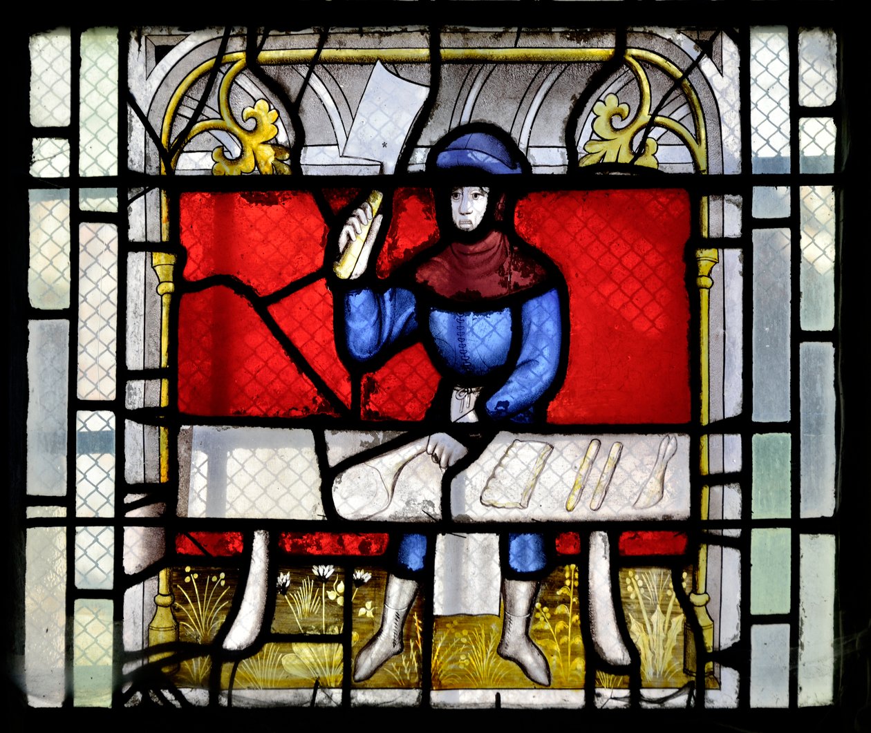Glasmaleri, der viser en slagter på arbejde, slutningen af ​​15.-begyndelsen af ​​det 16. århundrede - Kapel Sainte Claude (Sainte-Claude) i kirken Collegiale Notre-Dame de Semur-en-Auxois (Notre Dame de Semur en Auxois), Bourgogne af Unknown artist