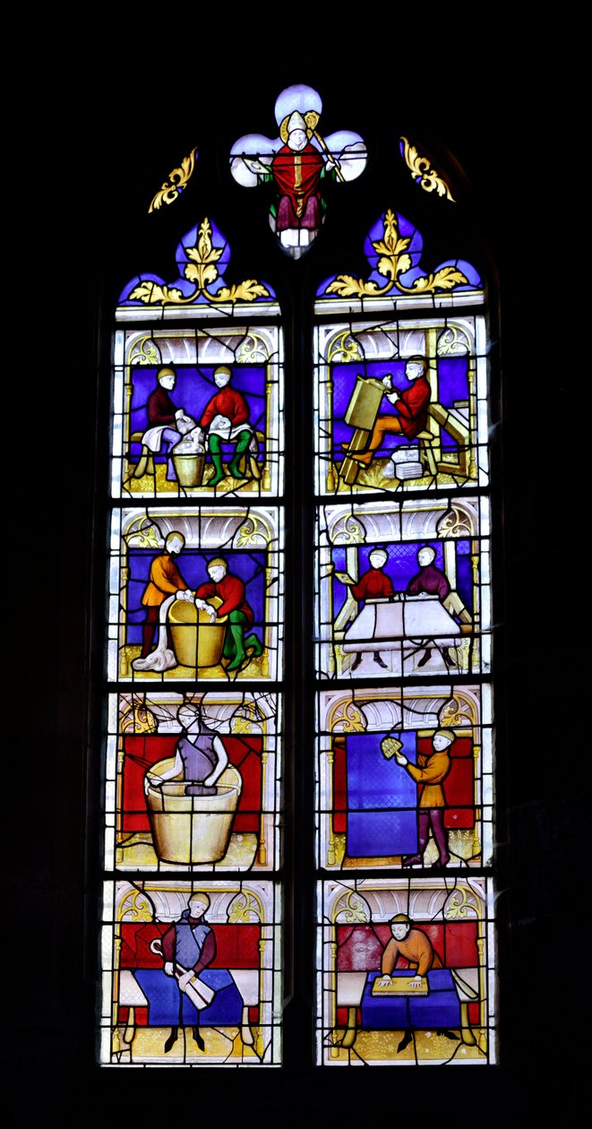 Farvet vindue, der viser fremstillingen af stof, midten af det 15. århundrede - Chapelle Saint Blaise (Saint Blaise) i Church Collegiale Lady of Semur-en-Auxois (Notre Dame de Semur en Auxois), Bourgogne af Unknown artist