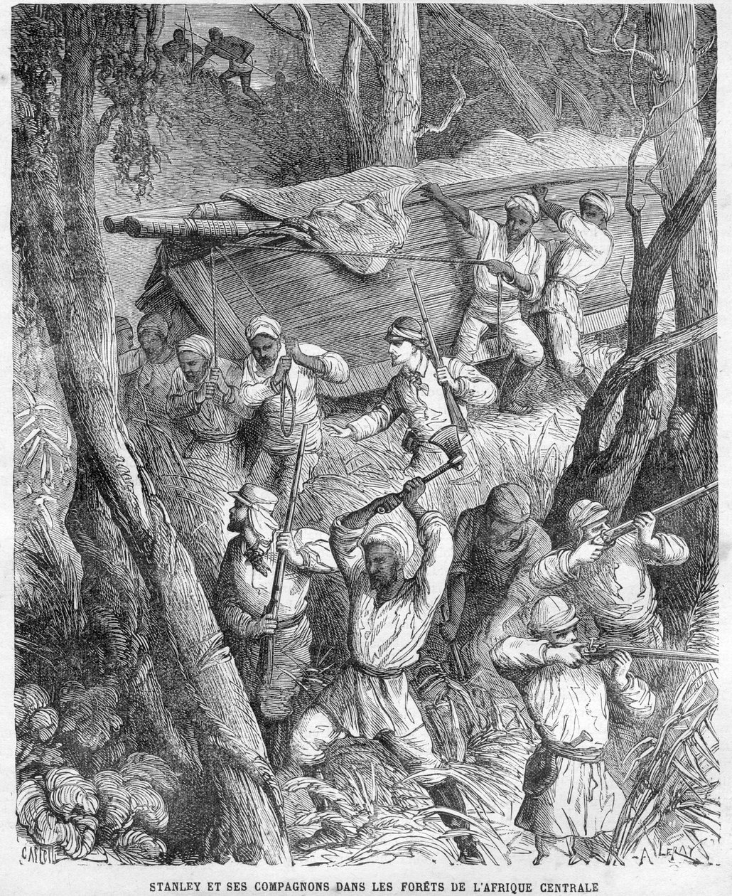Stanley i Afrika - Stanleys ekspedition til Centralafrika 1874-1877: Marching through the jungle - Træsnit efter en tegning af Horace Castelli (1825-1889). af Unknown artist