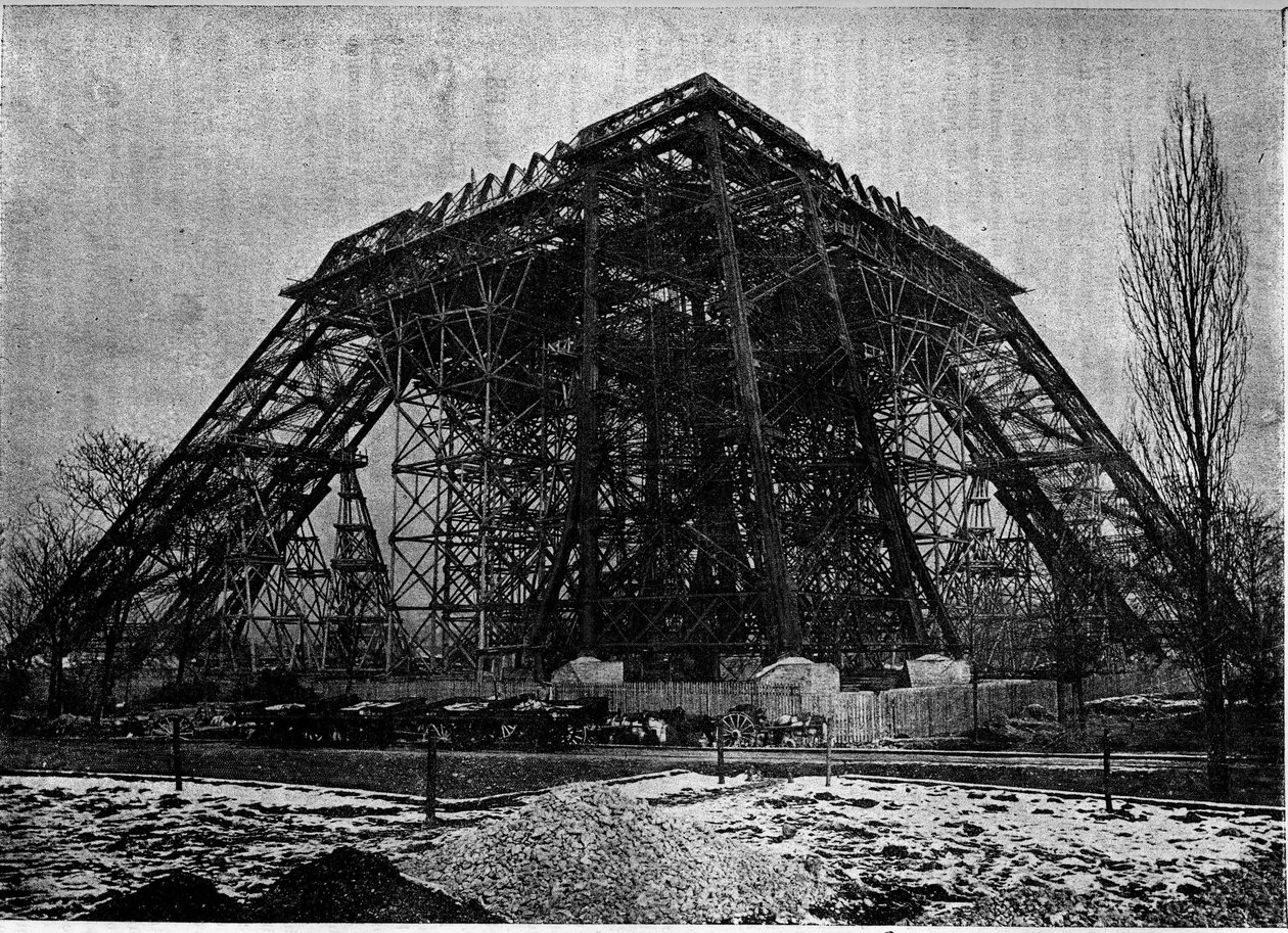 Status for byggeriet af Eiffeltårnet i Paris i begyndelsen af marts 1888, Indgravering i tidsskriftet "" la jeunesse"" af Unknown artist