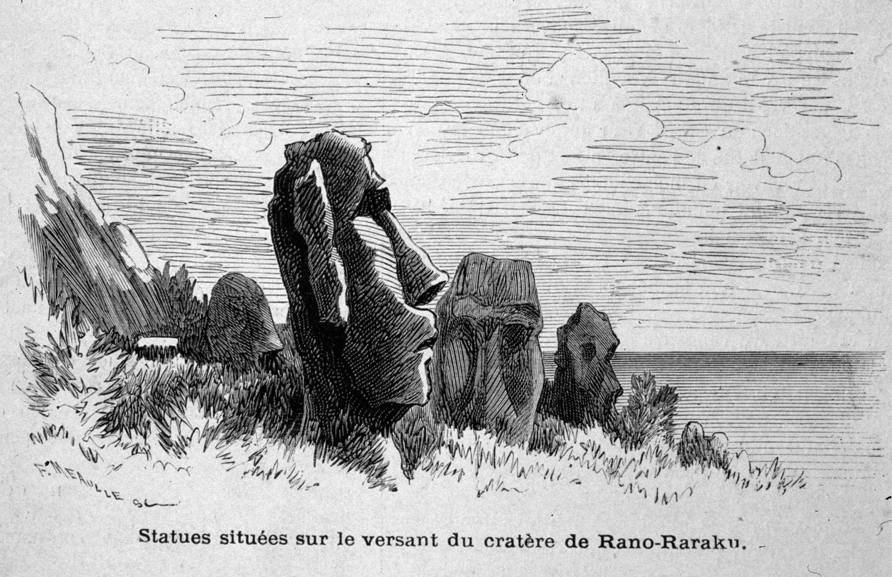 Statuer placeret på Påskeøen (Rapa Nui), Polynesien. af Unknown artist