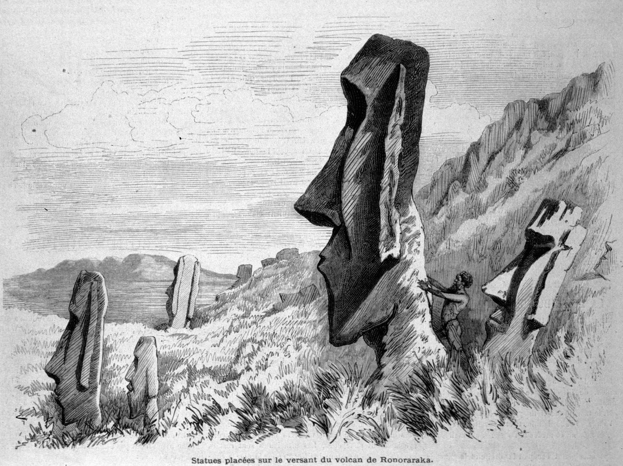 Statuer placeret på skråningen af vulkanen Ronoraraka på Påskeøen (Rapa Nui). Indgravering 1871. af Unknown artist