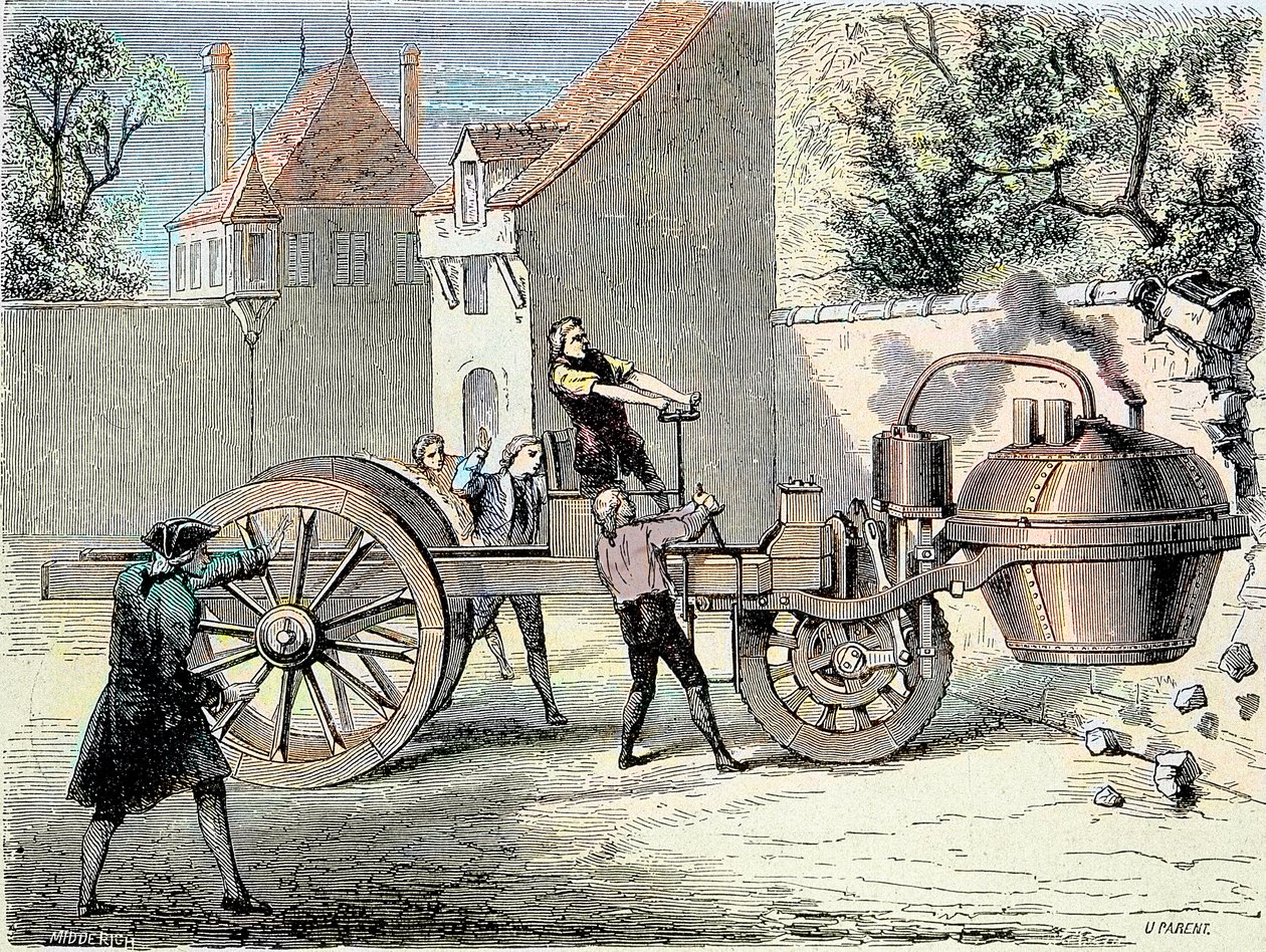 Dampdrevet bil opfundet af Nicolas Joseph Cugnot (1725-1804), der gik ud af kontrol og væltede en del af en mur i 1770 (først rapporteret "bilulykke") - i "Album de la Science; videnskabsmænd berømte; Store opdagelser”” 1896 af Unknown artist