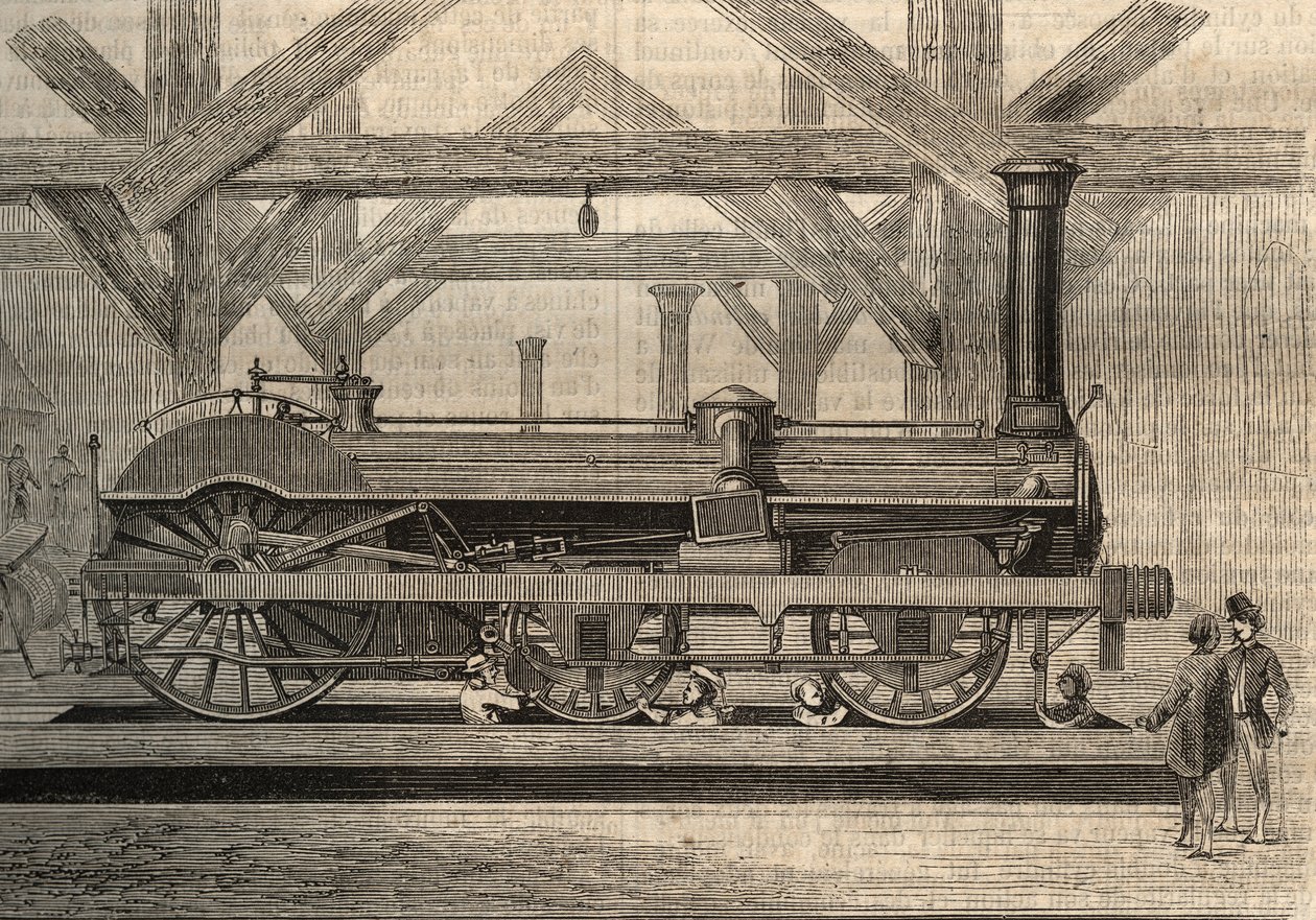 Damplokomotivmodel, Crampton-system ved navn Thomas Russell Crampton (1816-1888). Stik fra 1856. af Unknown artist