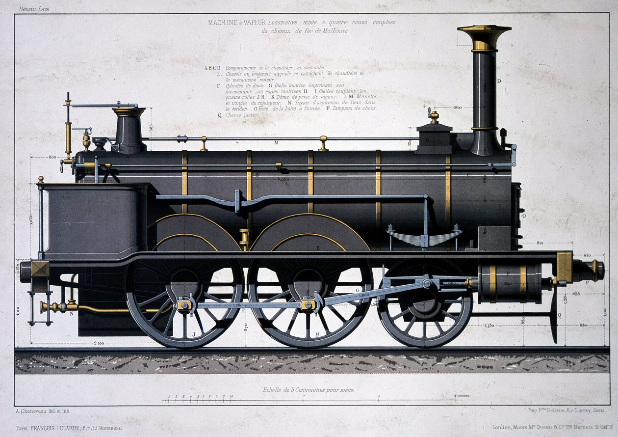 Damplokomotiv fra Mulhouse Railway - tegning i vask af Unknown artist