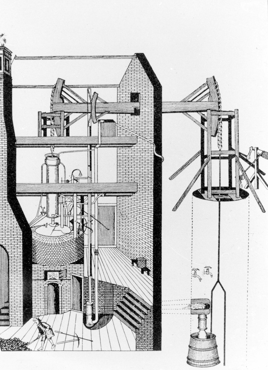 Dampmaskine fra Newcomen (1663 - 1729). af Unknown artist