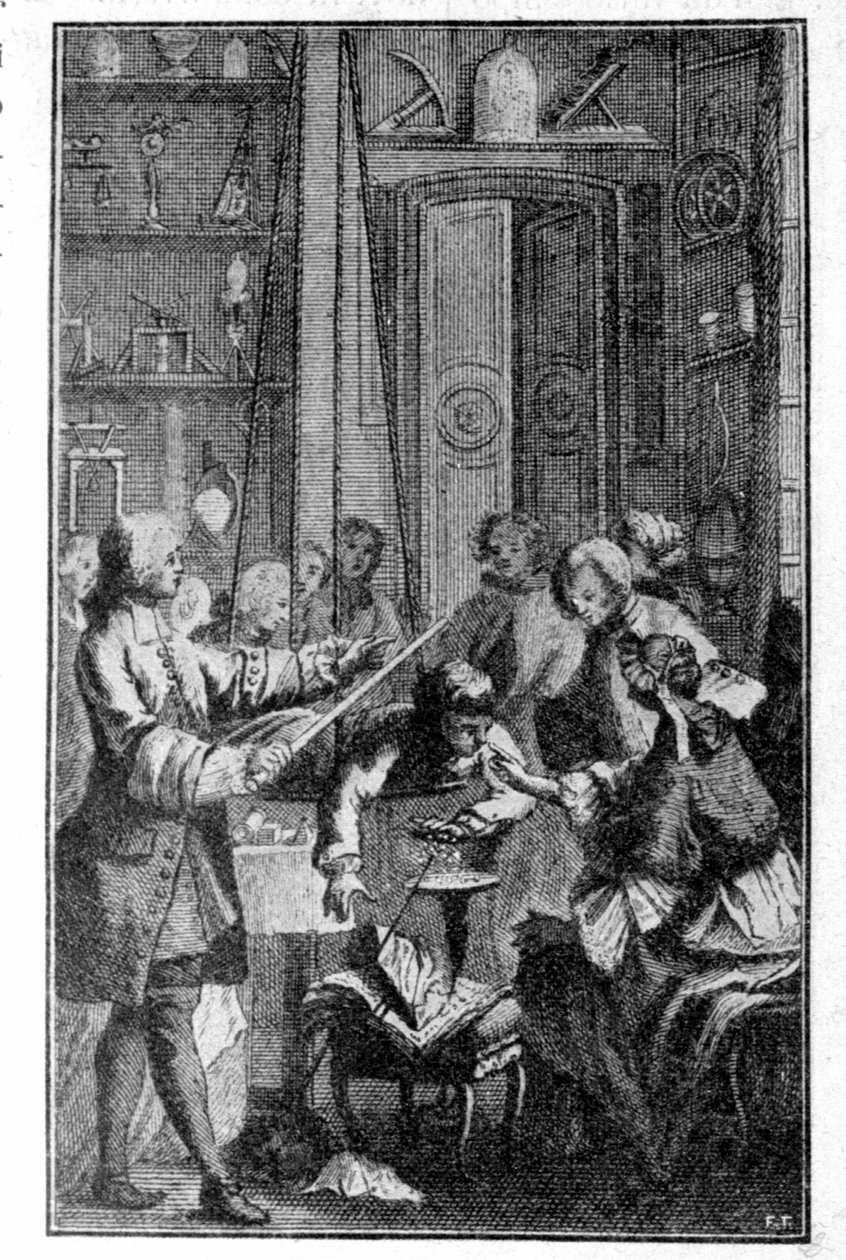 Stephen Grays eksperiment (1670 - 1736) om den menneskelige krops elektriske ledningsevne. Indgravering af det 19. århundrede. af Unknown artist