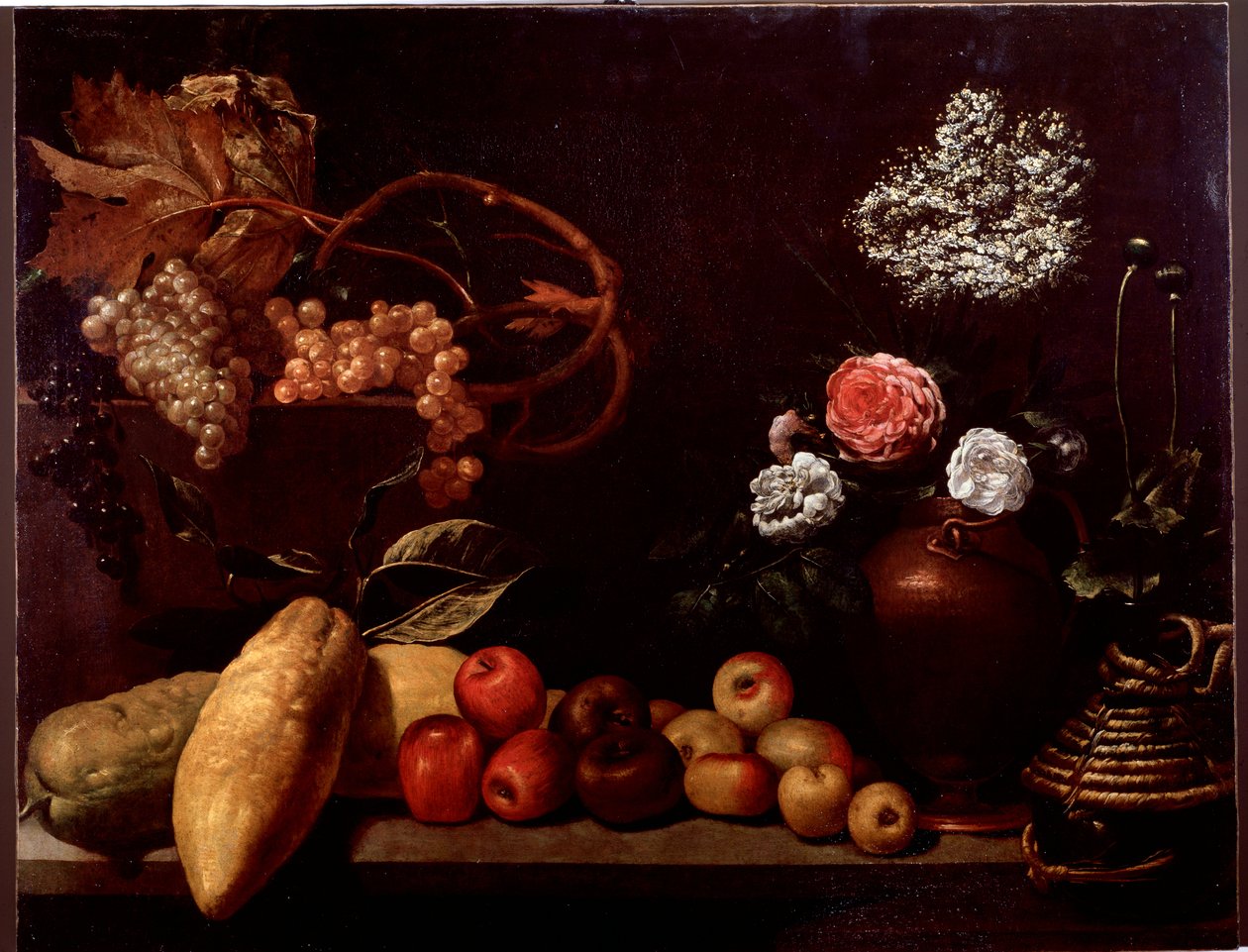 Stilleben med roser, buskeblomster, citroner og vindruer (maleri af Unknown artist