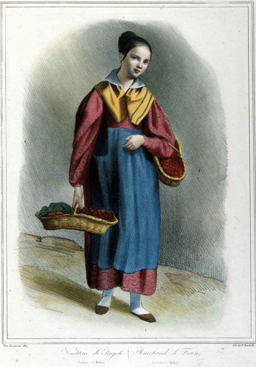 Jordbærsælger. Gravering fra "" Milanese kostume af Locarno "" af Unknown artist