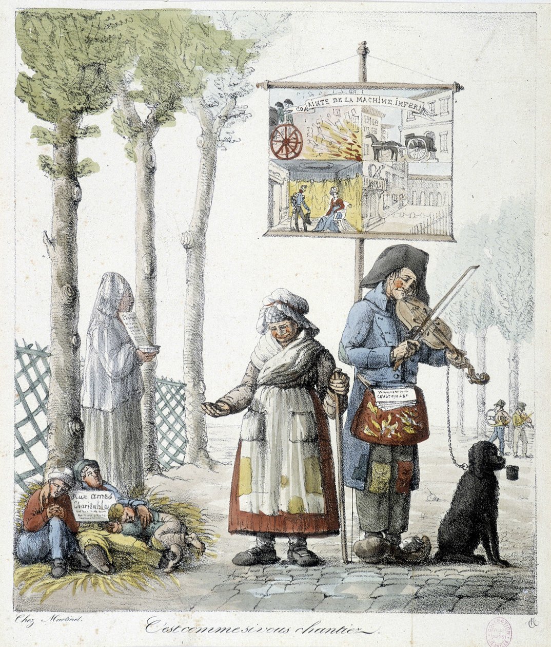 Gademusikere, tiggende børn - litografi af Unknown artist