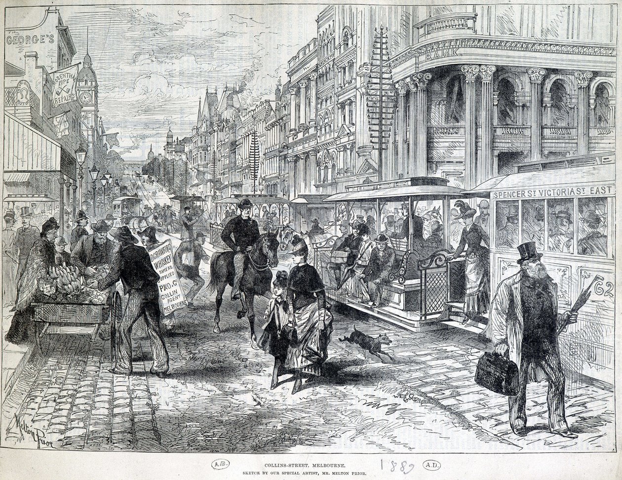 Gadescener, Collins Street i Melbourne i 1889. af Unknown artist