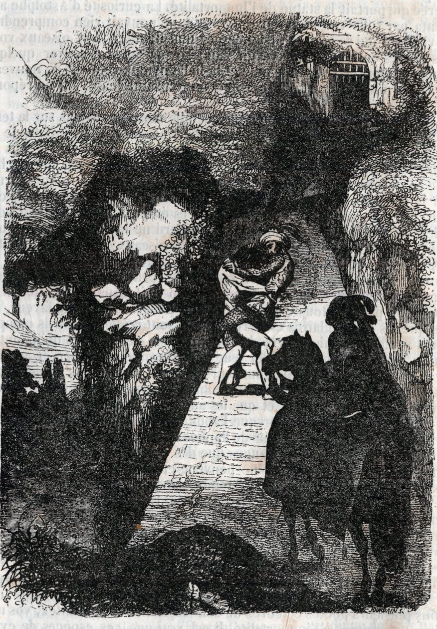 Kamp mellem Roland og Rodomont - indgravering af 1851 fra "" Furious Roland"" (Orlando furioso) (1500-tallet) af Ludovico Ariosto, kendt som Ariosta - Udgave oversat fra italiensk af greven af Tressan og udgivet af Gustave Harvard 1851 af Unknown artist