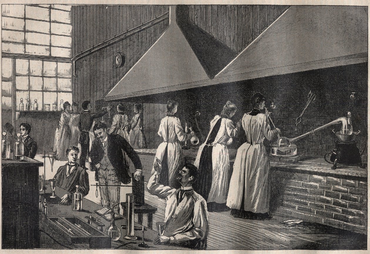 Studerende og professorer i det praktiske laboratorium på Conservatoire des Arts et Metiers (Arts-et-Metiers) i Paris af Unknown artist