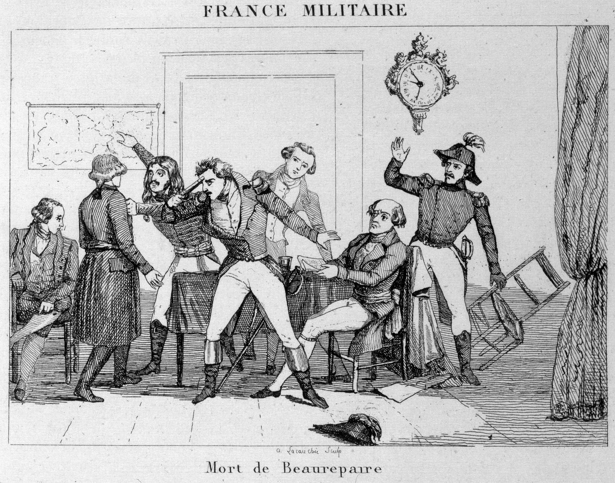 Beaurepaires selvmord (1792) efter beslutningen om at returnere Verdun til preusserne. Indgravering af det 19. århundrede. af Unknown artist