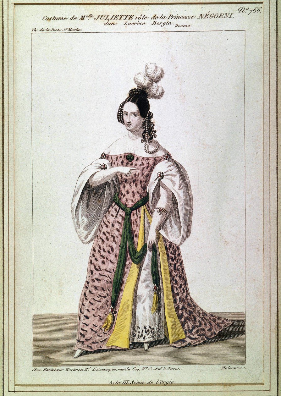 Dragt af Miss Juliette Drouet til rollen som prinsesse Negroni i Victor Hugos "Lucrece Borgia". Indgravering af det 19. århundrede. af Unknown artist