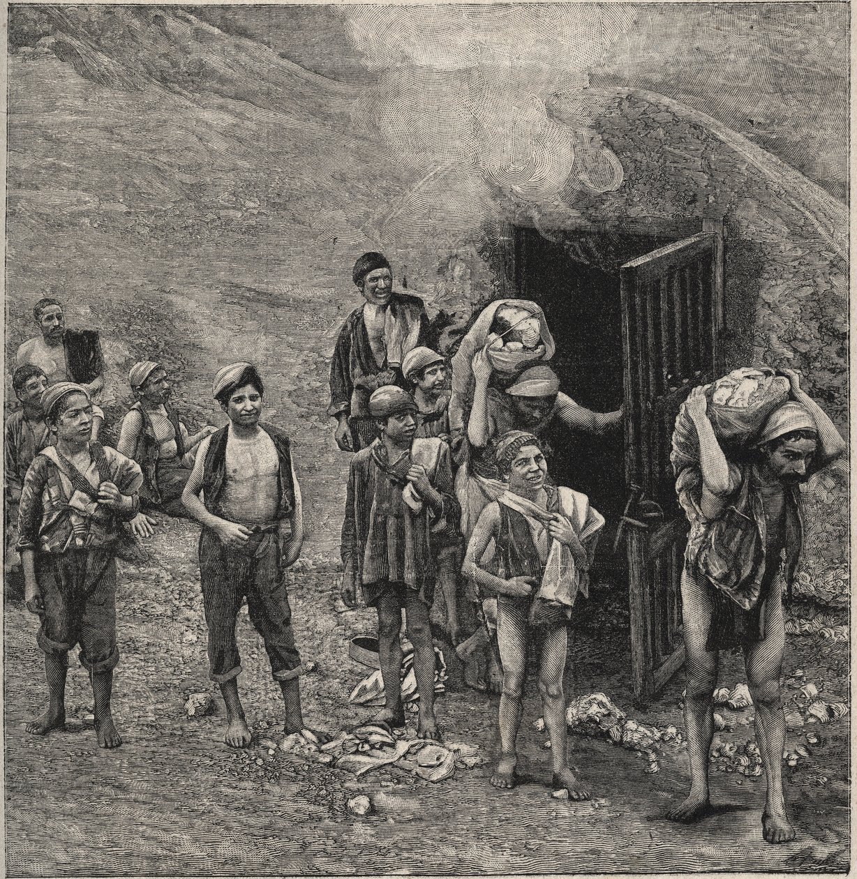 Svovludvinding (Zolfara) på Sicilien, tegning af Unknown artist