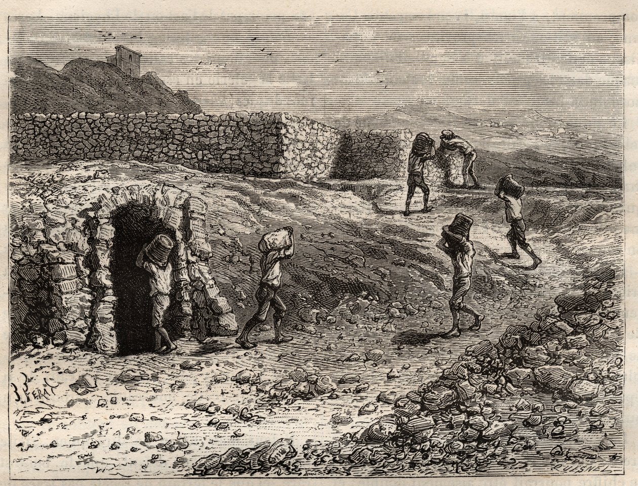 Svovl - En svovlmine i Girgenti, Sicilien - gravering i 