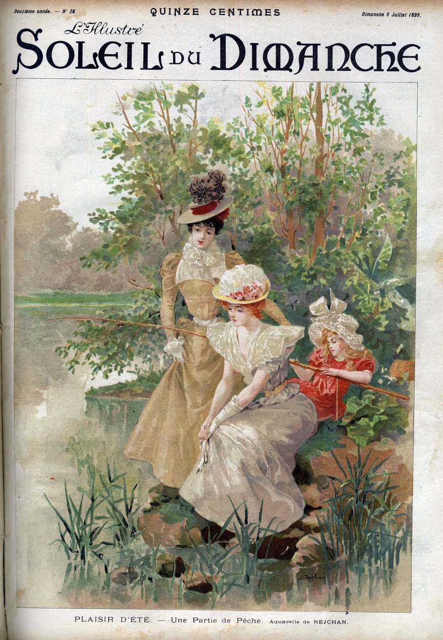 Sommersjov: kvinder, der spiller en omgang fiskeri. Indgravering i "" Le sun-du-dimanche", 9. juli af Unknown artist
