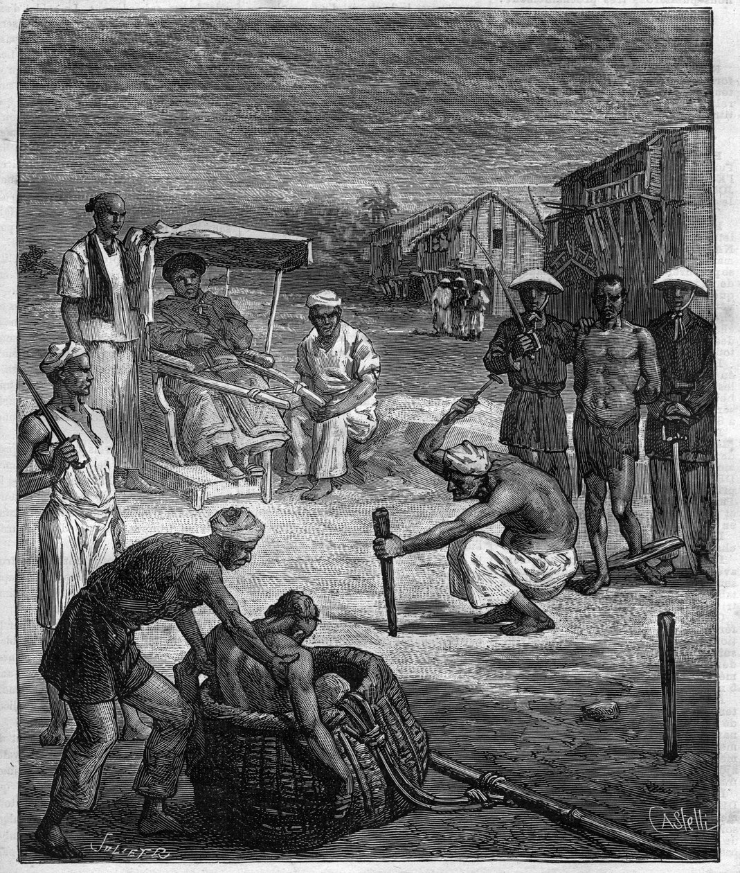 Supplice of two Pirates at Tonkin - Tonkin Pirate - illustration til romanen af Pierre Mael (Charles Causse og Charles Vincent) indgravering i "" journal des voyages""" 1884 af Unknown artist