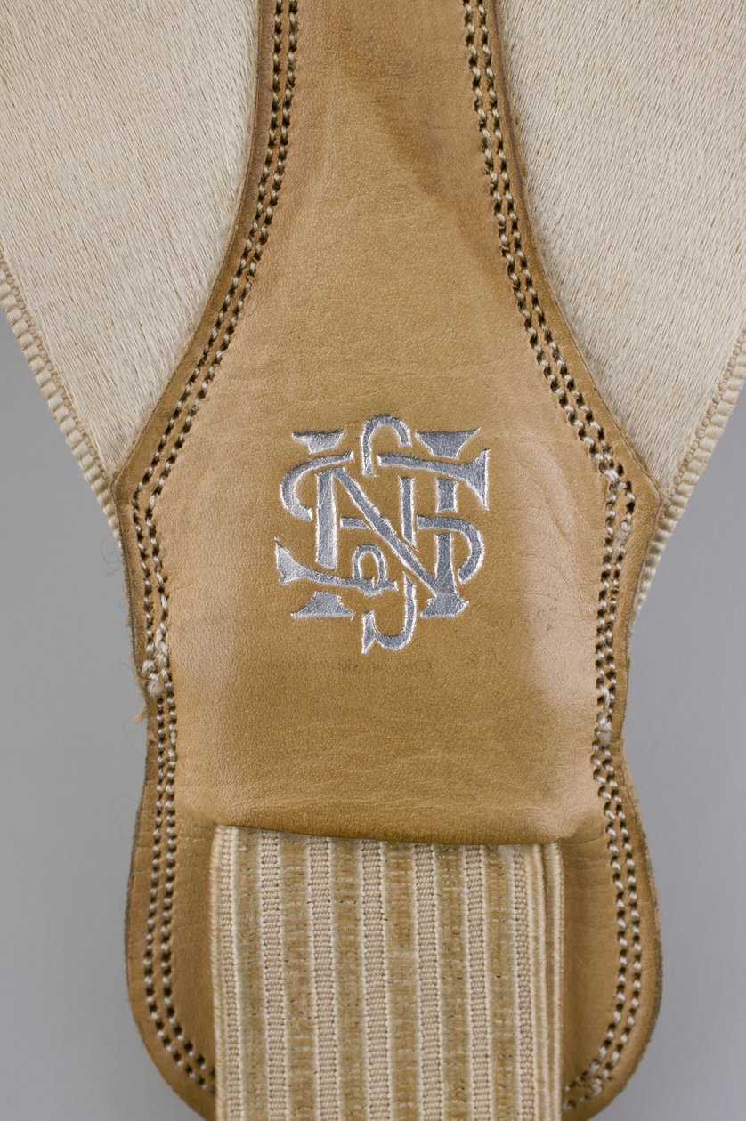 Seler, ca. 1880 (detaljeret billede), Broderet hvid satin, læder, sølv, Maker ukendt af Unknown artist