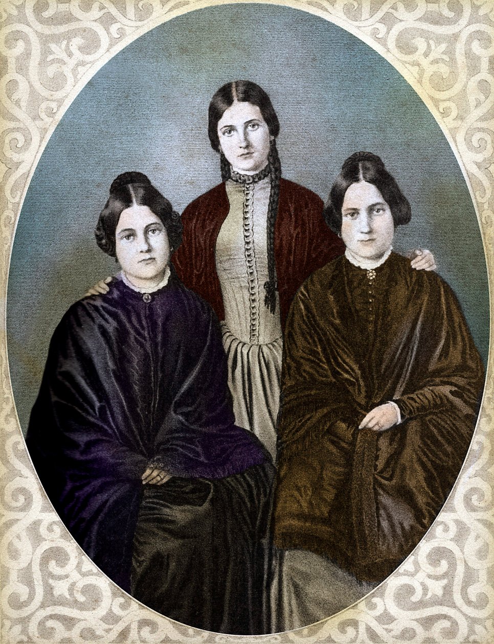 RÆVESØSTERNE Margaretta, Kate og Leah er pionerer som spiritualister (Rævesøstre: fra venstre mod højre: Margaret eller Maggie (1837-1893), Kate (1828-1892) og Leah (1814-1880), pionerer inden for spiritisme og spiritisme af Unknown artist