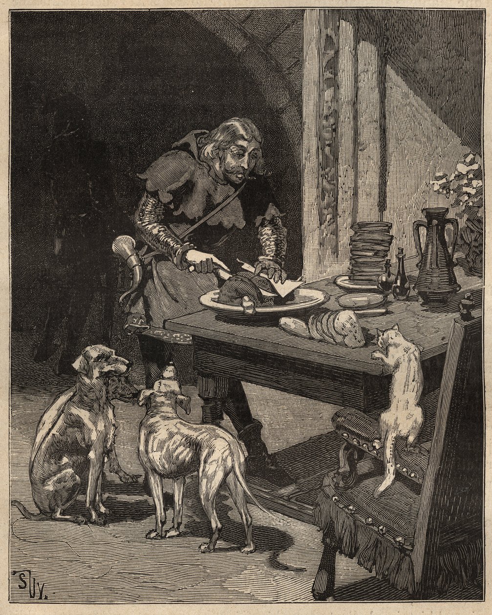 Bordkunst: skærer mad, inden gaflen kommer. En mand holder kødet med et ark papir i den ene hånd og bruger sin kniv i den anden. Indgravering fra 1885 i "" Les arts et metiers illustres"" af Adolphe BITARD. af Unknown artist