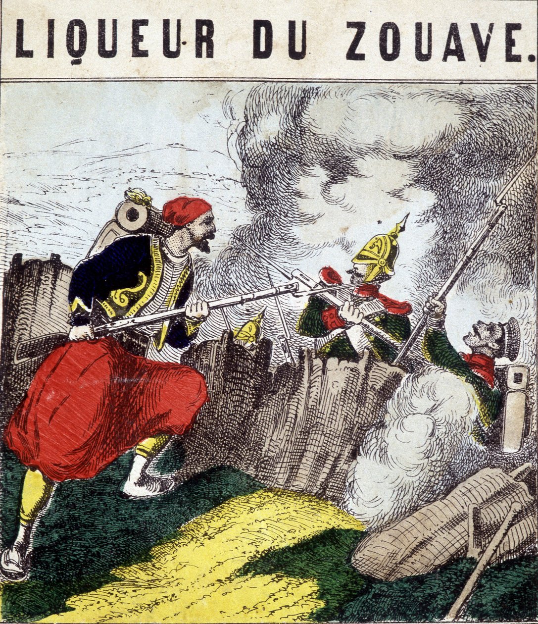 Tag "" Liqueur du Zouave"": en Zouave, der kæmper mod fjender. sd. 19. århundrede af Unknown artist
