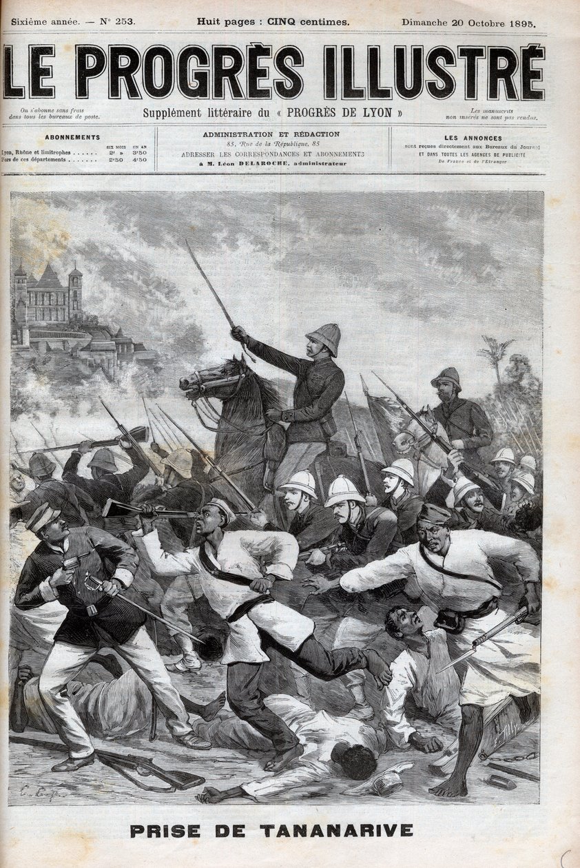 Tager Antananarivo - Fransk militær invaderede Antananarivo 1895 - Conquete de Madagascar. - erobring af Tananarive af den franske ekspeditionsstyrke den 30. september 1895 - indgravering i "" Le Progres illustrious"" de 1895 af Unknown artist