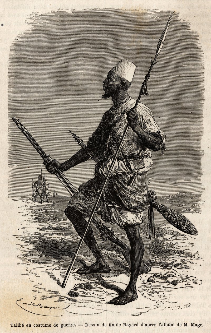 Talibe (en ung studerende, der studerer Koranen) fra hæren af kong Ahmadu (Toucouleur), i en krigsdragt. Gravering til illustration af løjtnant (Flåden) M. Mages rejse til Vestsudan i 1863-1866, offentliggjort i "Le tour du monde, nouveau journal des voyag af Unknown artist