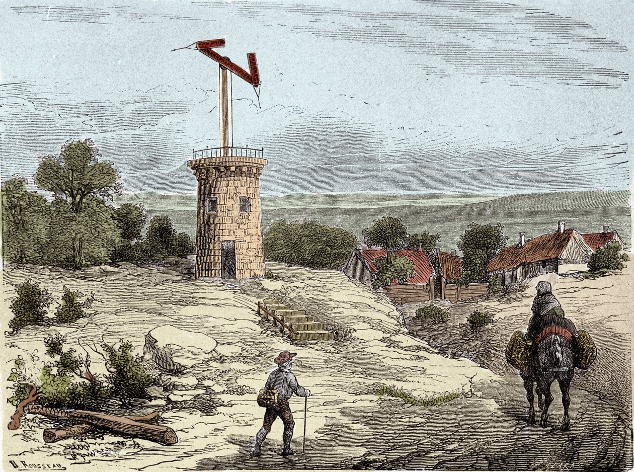 Telegraf: Telegraf af Claude Chappe (1765-1805) omkring 1794 - Indgravering af Unknown artist