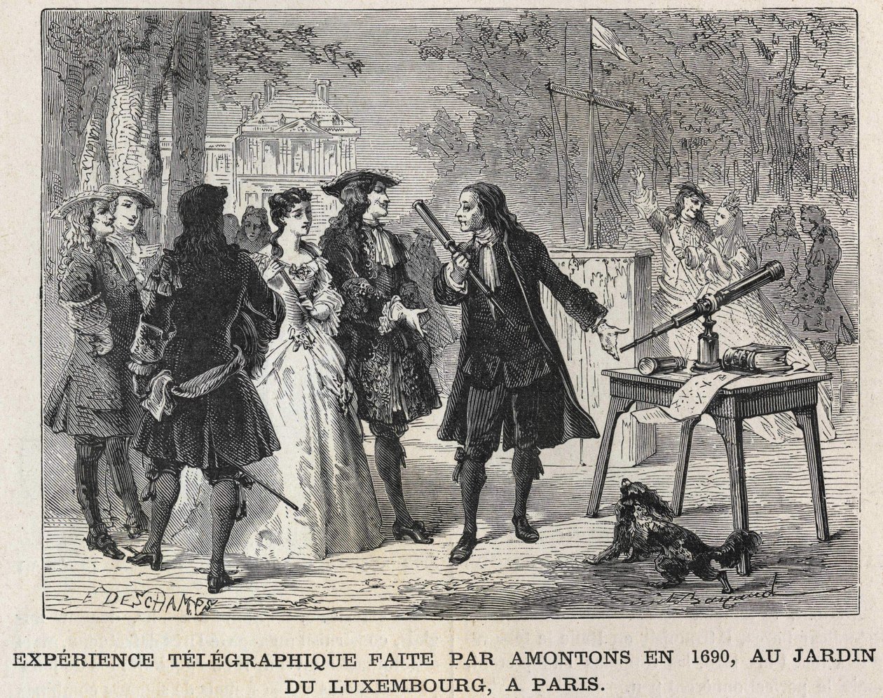 Telegrafisk eksperiment lavet af Guillaume Amontons i 1690, i Luxembourghaven, Paris, gravering fra det 19. århundrede. Bianchetti samling af Unknown artist