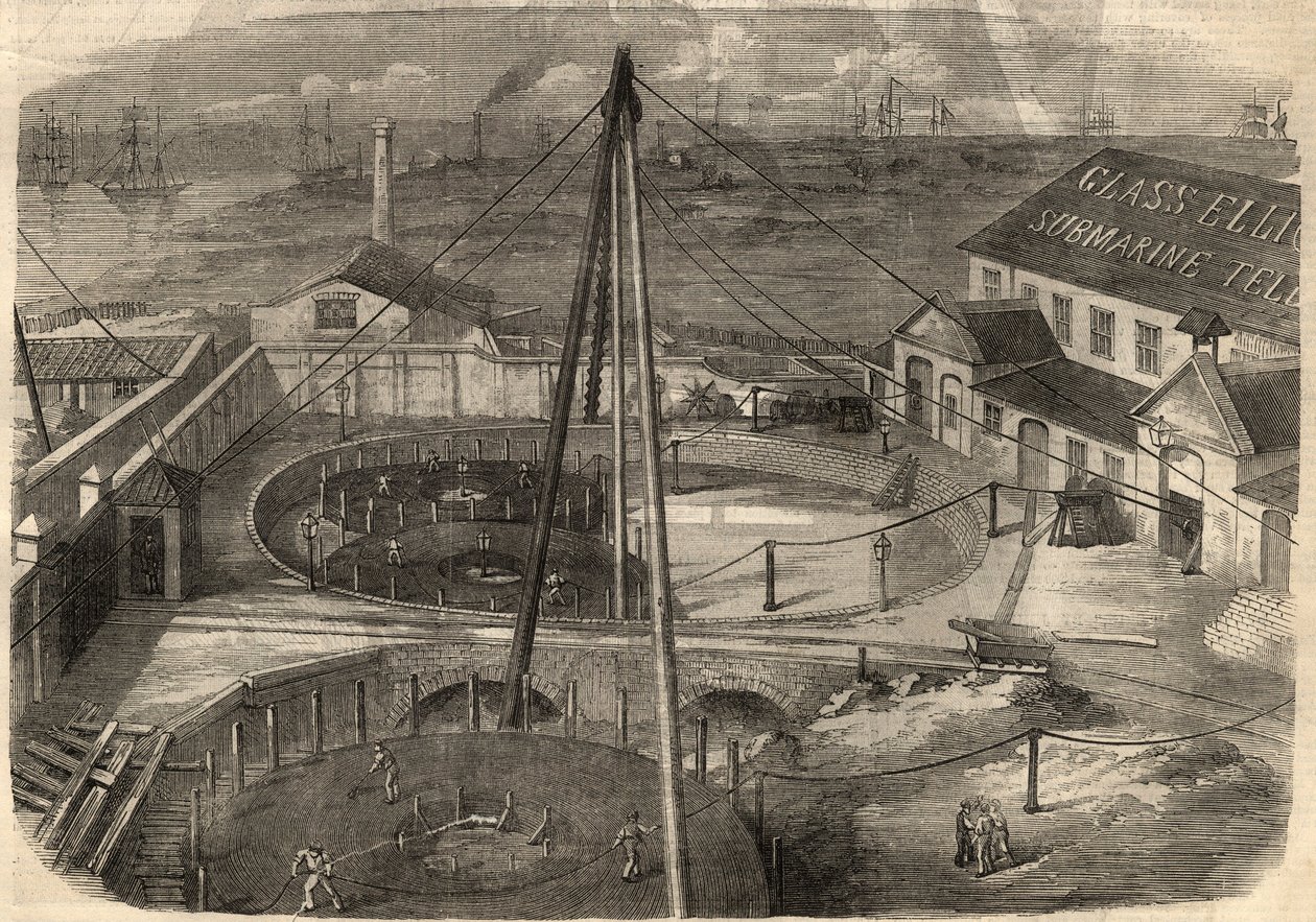 Telegrafi: Det transatlantiske kabel produceret på glasfabrikken, Elliot and Company i East Greenwich (England) er klar til at blive leveret. Indgravering i ""The Illustrated London News"" af 14. marts af Unknown artist