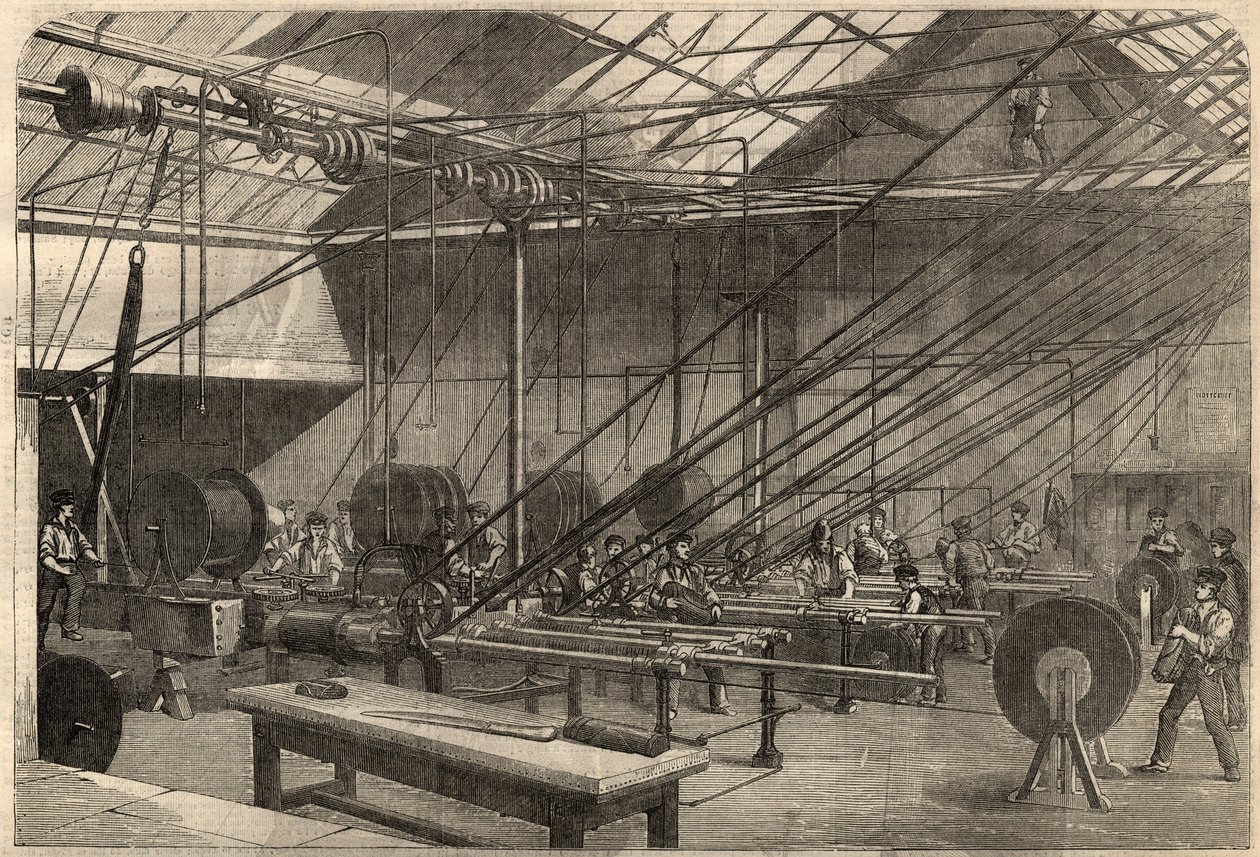 Telegrafi: Fremstilling af transatlantisk kabel. Maskiner, der belægger guttaperka-kablet på Glass, Elliot and Company-fabrikken på Wharf Road i London, England. Indgravering i ""The Illustrated London News"" af 14. marts af Unknown artist