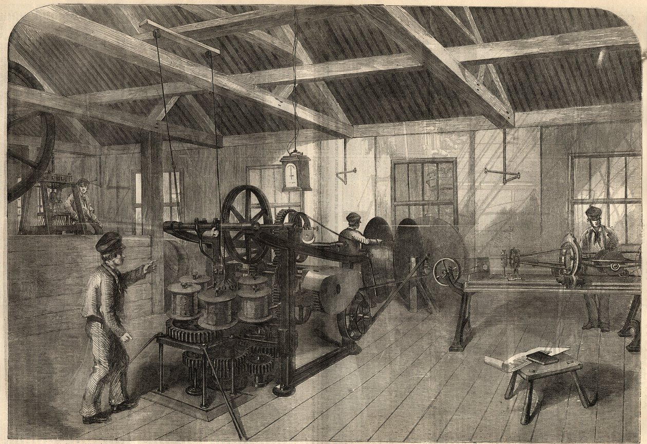 Telegrafi: Fremstilling af transatlantisk kabel i Glass, Elliot and Company-fabrikken i East Greenwich (England). Indgravering i ""The Illustrated London News"" af 14. marts af Unknown artist