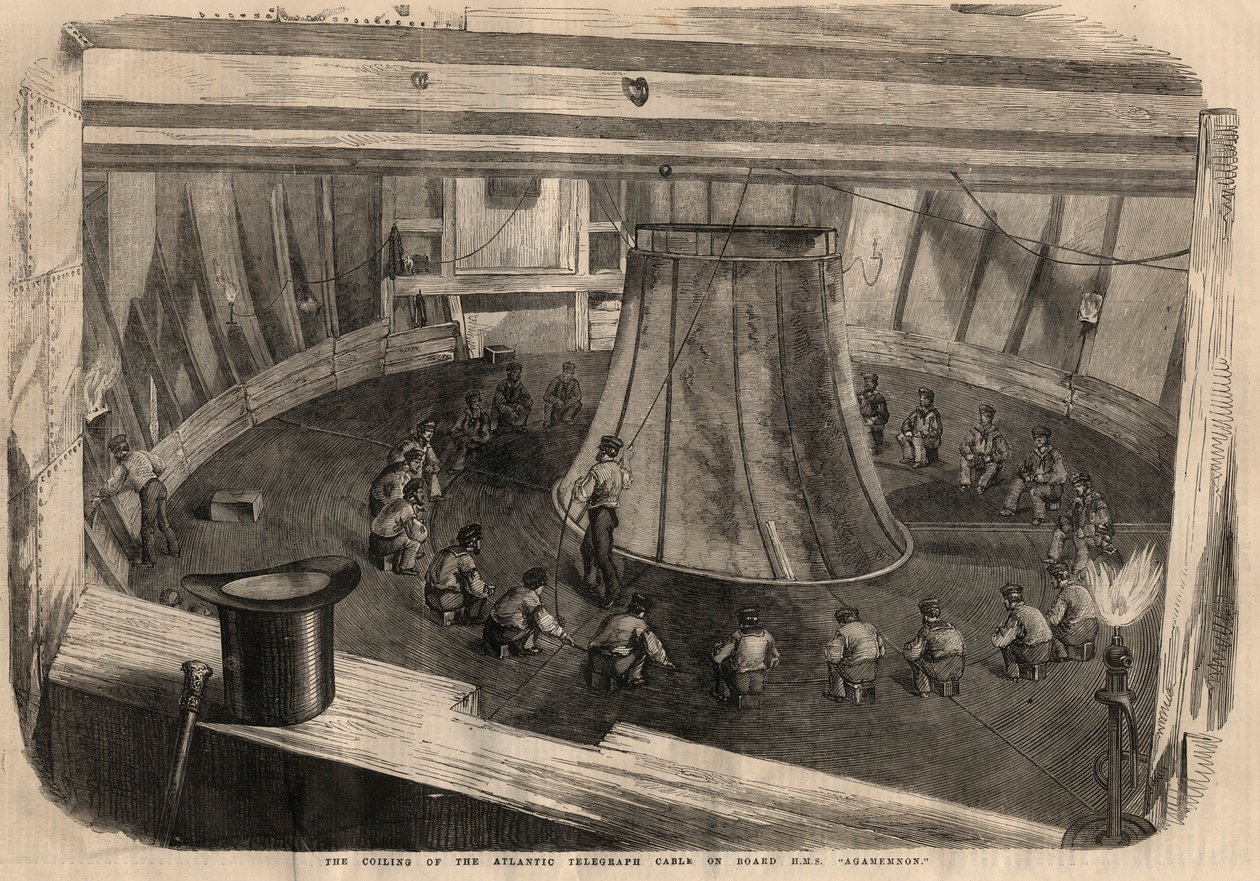 Telegrafi: opviklingen af det transatlantiske kabel om bord på skibet H.M.S. ""Agamemnon""". Indgravering i "" The illustrated London News "" af 1. august af Unknown artist