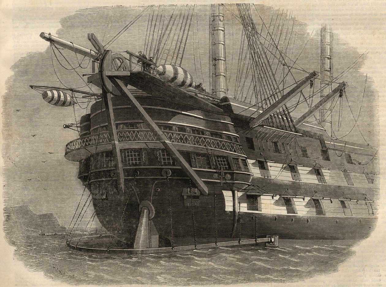 Telegrafi: udsigt til agterstavnen af skibet H.M.S. "Agamemnon"", som vil lægge det første transatlantiske kabel. Indgravering i ""The Illustrated London News"" af 5. juni af Unknown artist