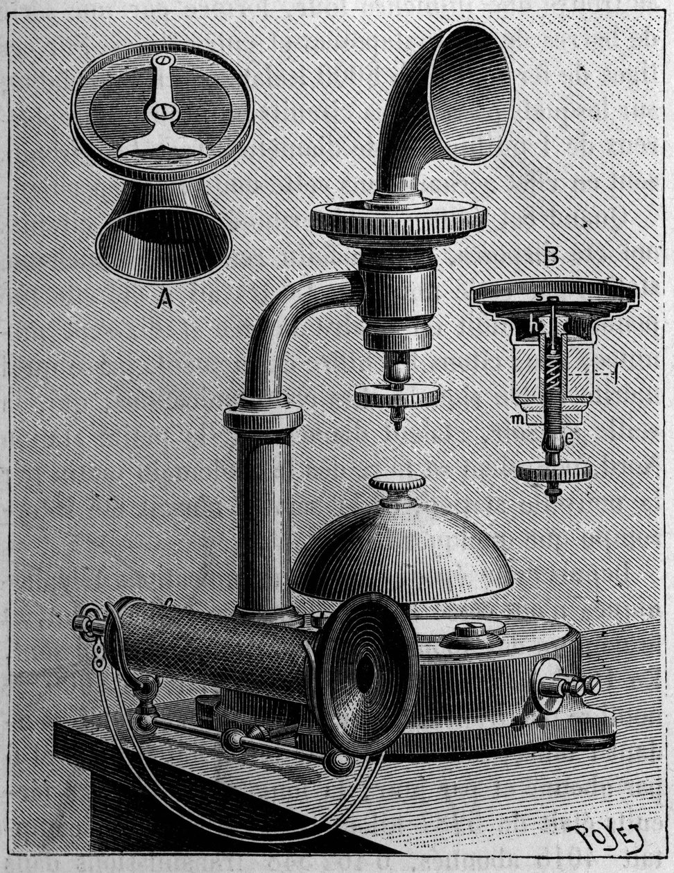 Telefoni i Sverige: model af en telefon fra Ericsson Company. Indgravering i "" La Nature: revue des sciences et de leurs applications aux arts et a l