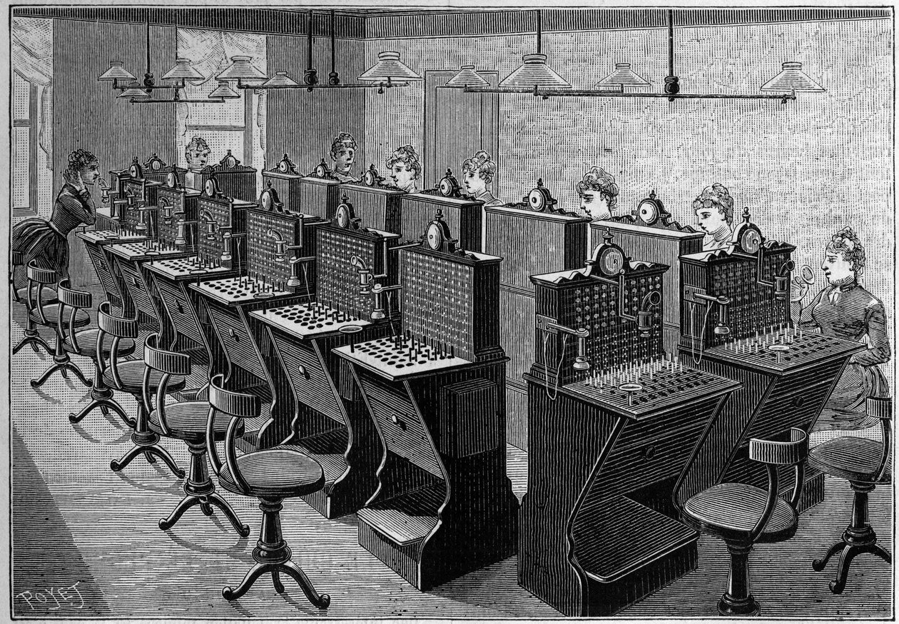 Telefoni i Sverige: værelse på det centrale telefonkontor i Stockholm. Indgravering i "" La Nature: revue des sciences et de leurs applications aux arts et a l