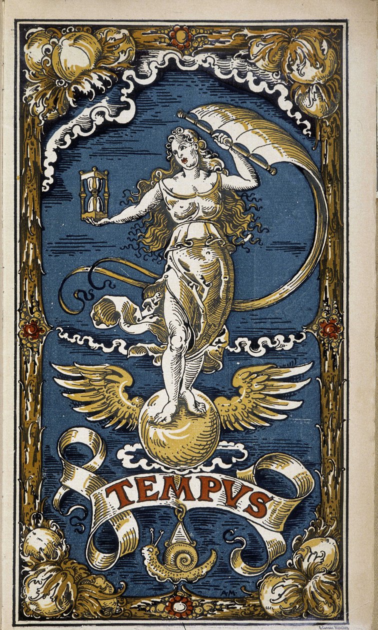 Tempus: allegori af tiden (feminin figur med timeglas, vind, vinger), illustration til kalenderen 1889. af Unknown artist