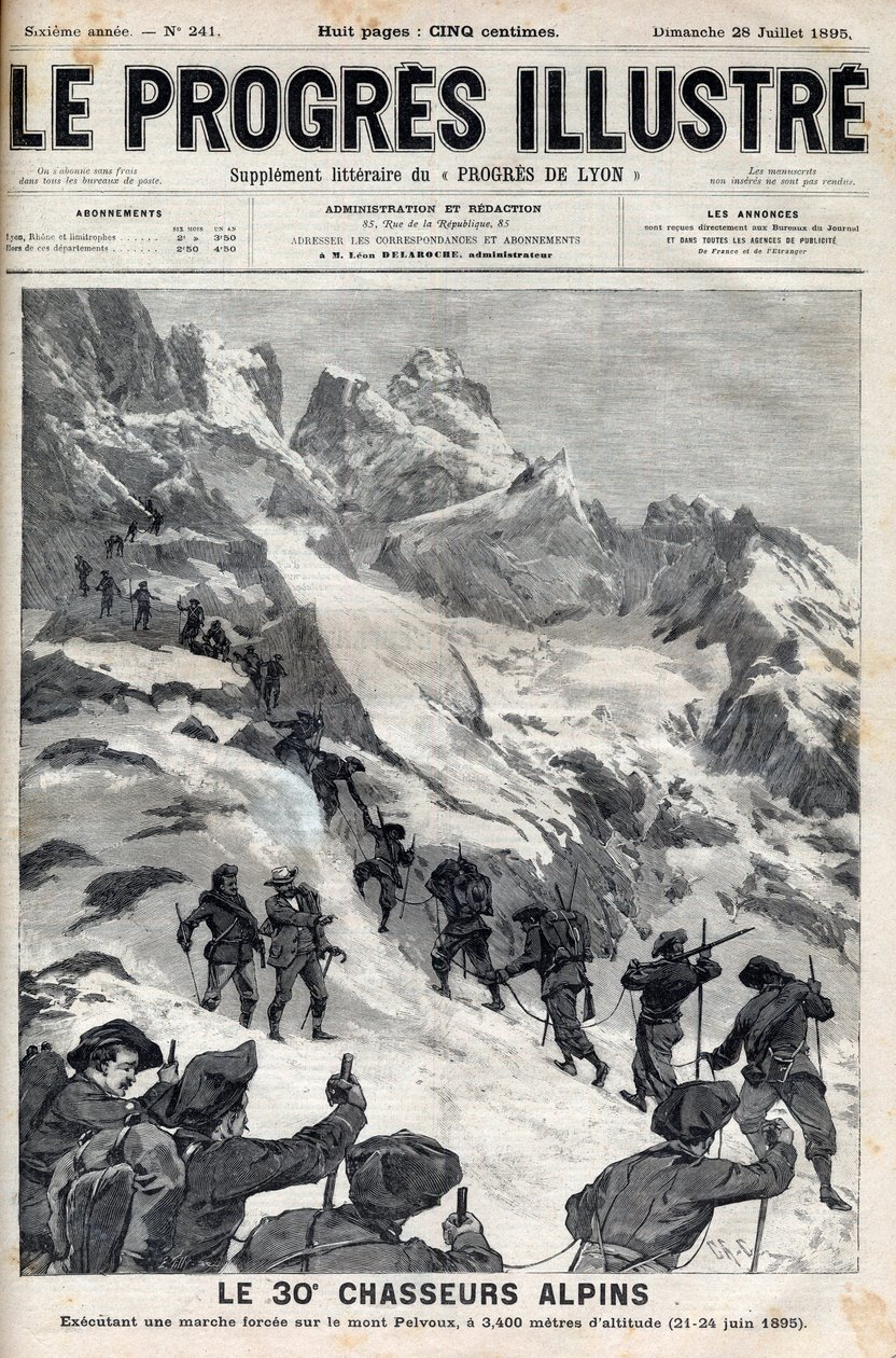 De 30. alpine jægere udfører en tvungen march på Mount Pelvoux i 3400 meters højde den 21.-24. juni 1895 - indgravering i "Le Progres illustrious"" fra 1895 af Unknown artist
